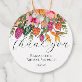 Étiquettes Cadeau Fleurs tropicales orange rose Script Merci (Devant)