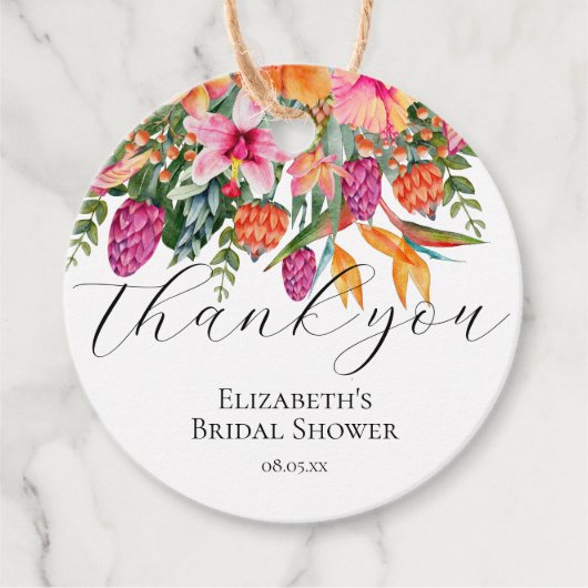 Étiquettes Cadeau Fleurs tropicales orange rose Script Merci (Devant)