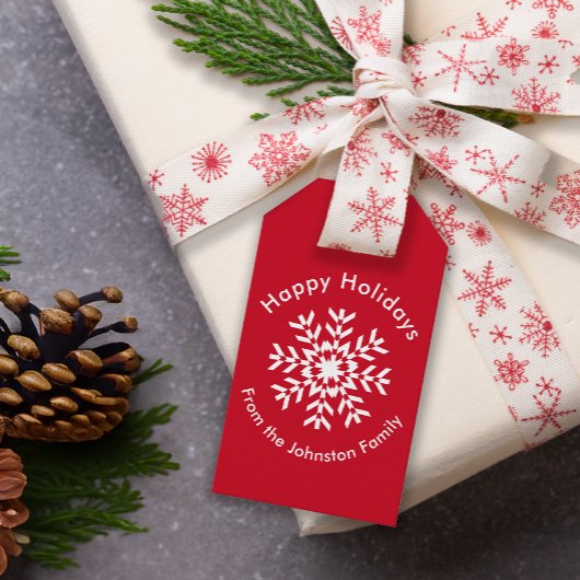 Étiquettes-cadeau Flocon de neige triangulaire rouge de Noël géométr