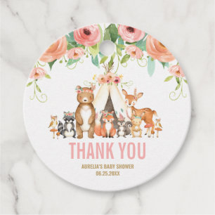 Étiquettes Cadeau Floral Bois Animaux Baby shower Fille Merci