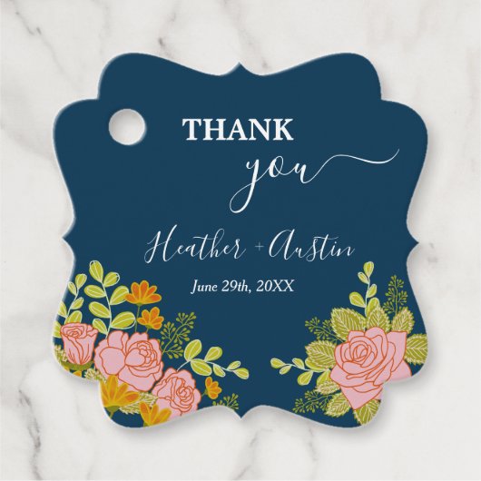 Étiquettes Cadeau Floral Dark Navy Bleu Mariage Botanique (Devant)