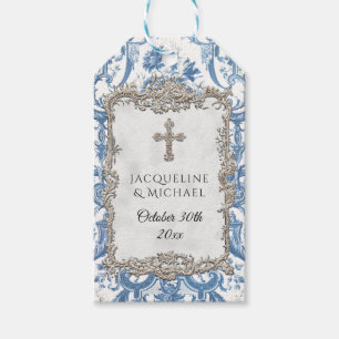 Étiquettes-cadeau Floral Elegant Vintage Bleu Blanc Silver Favoriser