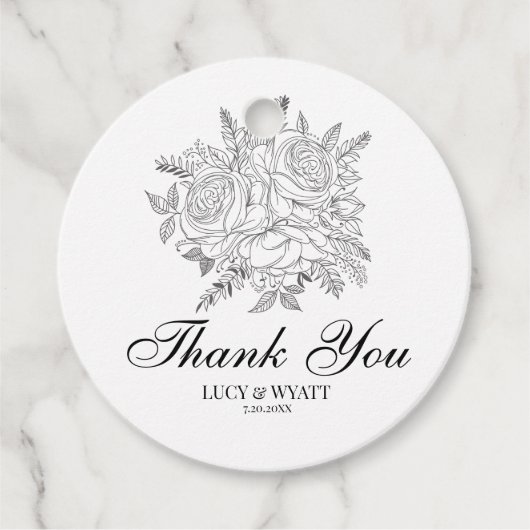 Étiquettes Cadeau Floral Merci moderne noir et blanc (Devant)