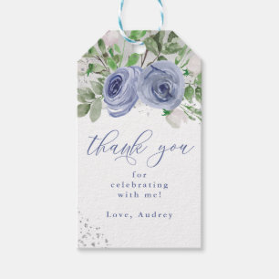 Étiquettes-cadeau Flore bleue et argentée, Merci penché en faveur
