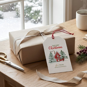Étiquettes-cadeau Forêt d'hiver Ferme Rouge Grange Rustique Noël