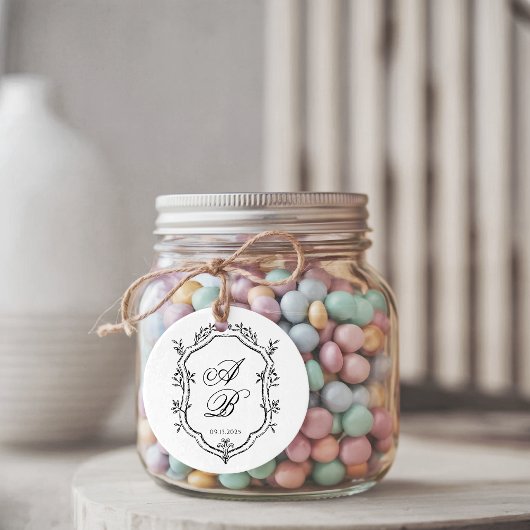 Étiquettes Cadeau Formal Black & White Floral Monogram Crest Wedding