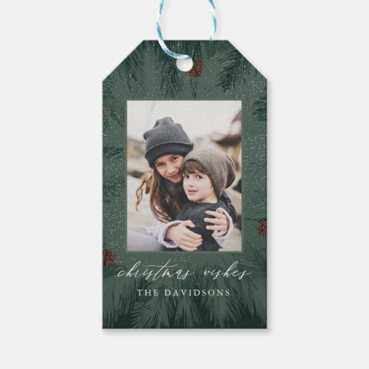 Étiquettes-cadeau Frame de pin avec Pinecones, Plaid et photo (Devant)