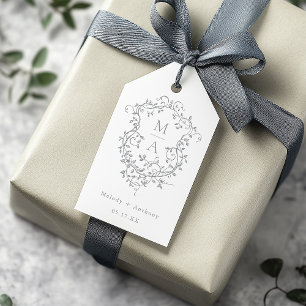 Étiquettes-cadeau Français classique Crest Floral Mariage gris