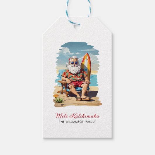 Étiquettes-cadeau Fun Mele Kalikimaka Père Noël Surfer Noël (Devant)