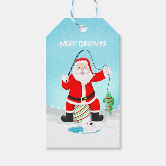 Étiquettes-cadeau Funky Père Noël Pêche Sur Glace Avec Ours Polaire (Devant)