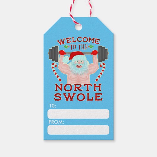 Étiquettes-cadeau Funny Christmas Santa Claus Swole Weightlifter (Devant)