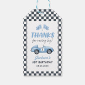 Étiquettes-cadeau Garçon de 1 an avec voiture de course bleue (Dos)