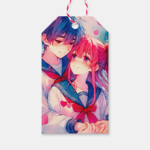 Étiquettes-cadeau Garçon et fille anime adorables cœurs rouges
