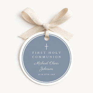 Étiquettes Cadeau Garçon Moderne Bleu Poussiéreux Première Communion