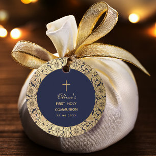 Étiquettes Cadeau Garçon Première Communion Vintage Bleu Nuit Roses