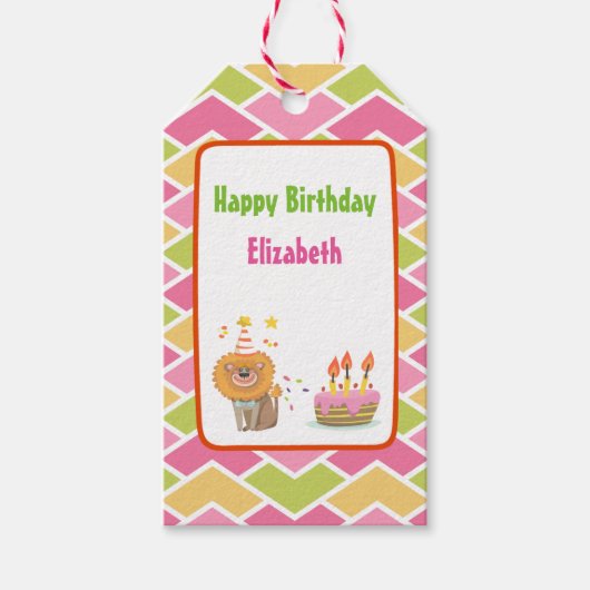 Étiquettes-cadeau Gâteau d'anniversaire avec Lion de fête Joyeux ann (Devant)