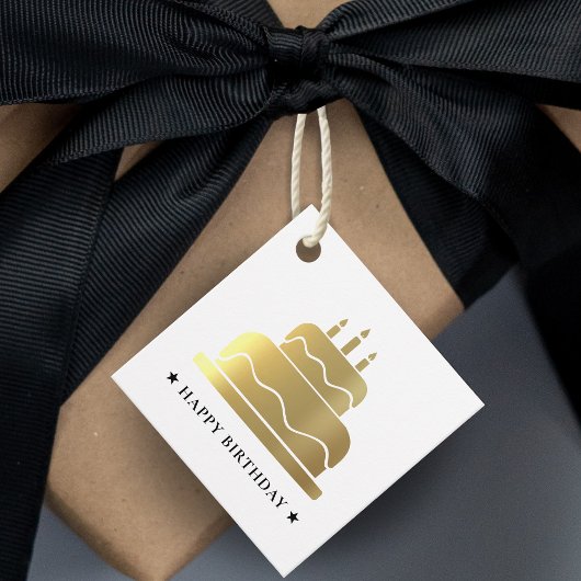 Étiquettes Cadeau Gâteau d'Anniversaire Blanc & Or Joyeux À De