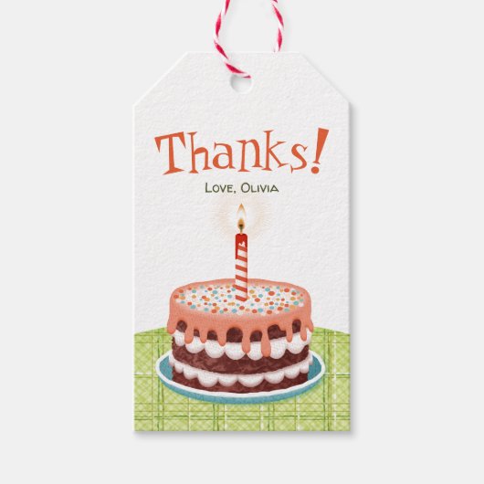 Étiquettes-cadeau Gâteau d'anniversaire rose avec une bougie (Devant)