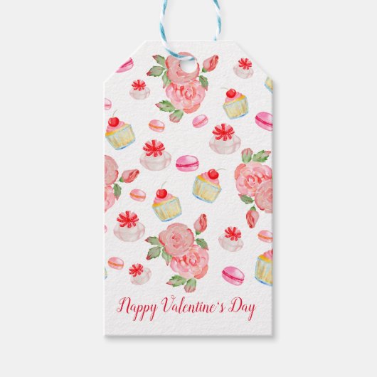 Étiquettes-cadeau Gâteaux sucrés et roses en aquarelle (Devant)