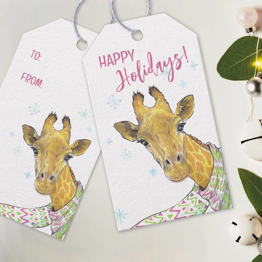 Étiquettes-cadeau Girafe avec foulard de Noël Cute drôle L'art anima