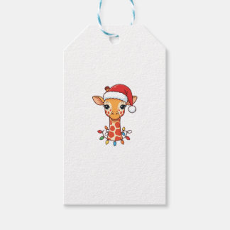 Étiquettes-cadeau Girafe de Noël chapeau de Père Noël et lumières co