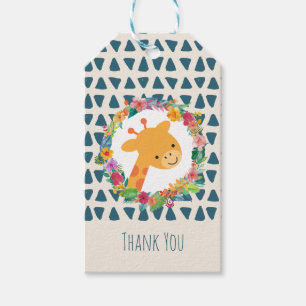 Étiquettes-cadeau Girafe mignonne avec une couronne fleurieMerci