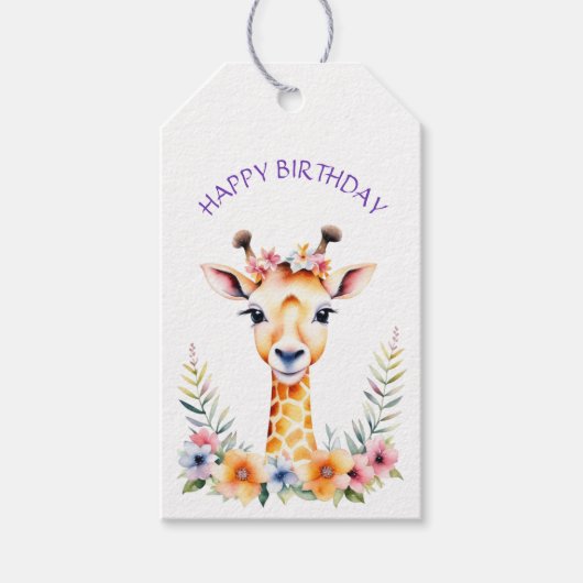 Étiquettes-cadeau Giraffe de bébé en fleurs Fête d'anniversaire de f (Devant)