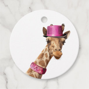 Étiquettes Cadeau Giraffe en casquette rose étincelant