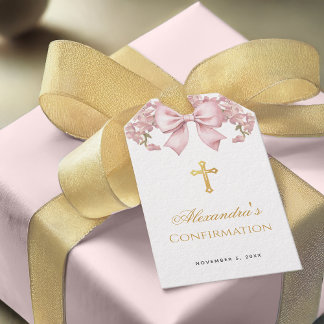 Étiquettes-cadeau Girl Confirmation Pink Bow Faux Gold Cross Floral