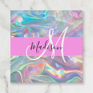 Étiquettes Cadeau Girl Rainbow Holographic Iridescente Monogramme No