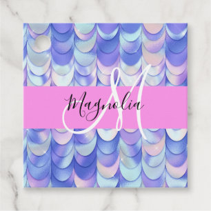 Étiquettes Cadeau Glam Iridescent Écailles de Sirène Monogramme Bleu