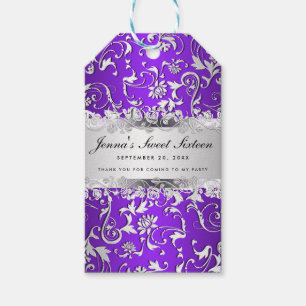 Étiquettes-cadeau Glam Purple Argent Motif Floral Sweet sixteen
