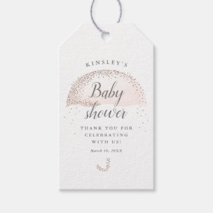 Étiquettes-cadeau Glitter blush parapluie rose baby shower merci