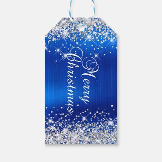 Étiquettes-cadeau Glittery Silver et Royal Blue Joyeux Noël (Devant)