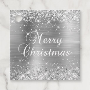 Étiquettes Cadeau Glittery Silver Foil Joyeux cadeau de Noël