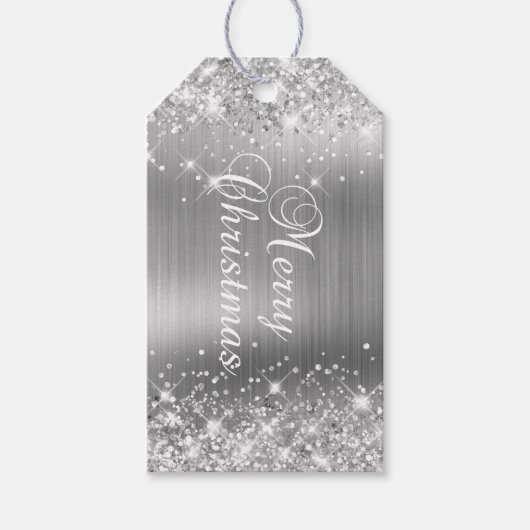 Étiquettes-cadeau Glittery Silver Foil Joyeux Noël (Devant)