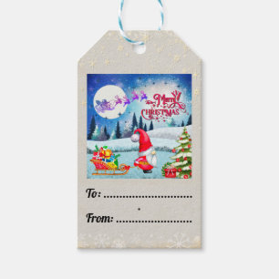 Étiquettes-cadeau Gnome de Noël enneigé et cadeaux du traîneau du Pè