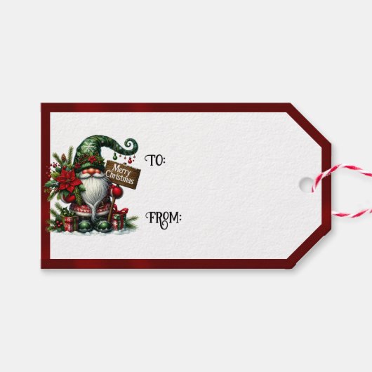 Étiquettes-cadeau Gnome Merry Christmas & Red Borders (Devant (Horizontal))