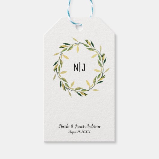 Étiquettes-cadeau Gold Botanique Feuille verte Wreath Mariage rustiq (Devant)