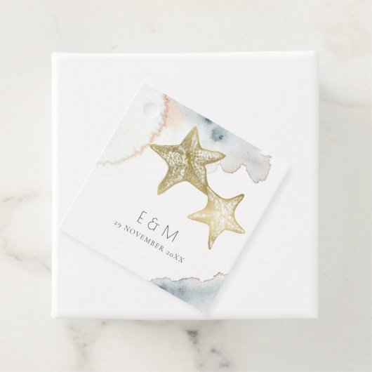 ÉTIQUETTES CADEAU GOLD DUSKY BLUE BEACHING STARFISH MONOGRAM MARIAGE (En situation)