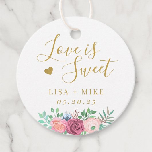 Étiquettes Cadeau Gold Floral Love est Sweet Mariage Round (Devant)