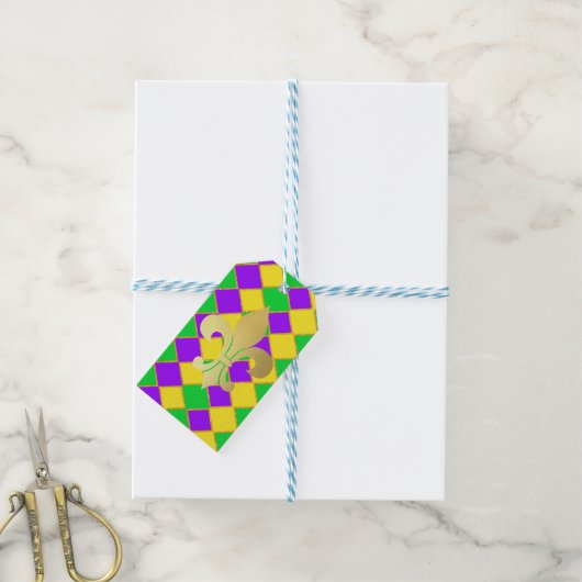 Étiquettes-cadeau Gold Green Mardi Gras Harlequin Motif (Avec de laficelle)