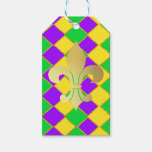Étiquettes-cadeau Gold Green Mardi Gras Harlequin Motif