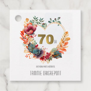 Étiquettes Cadeau Gold Heart Shape Peony Flower 70th Birthday Party