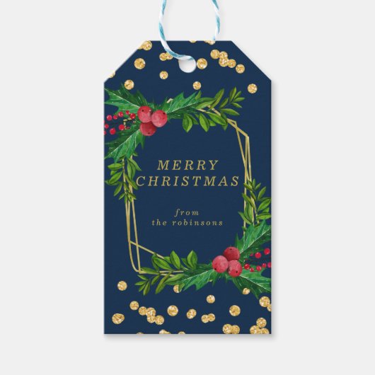 Étiquettes-cadeau Gold Marine Famille Joyeux Noël Holly Parties scin (Devant)