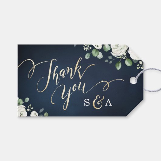 Étiquettes-cadeau Gold merci script marine blanc floral mariage gi (Devant (Horizontal))