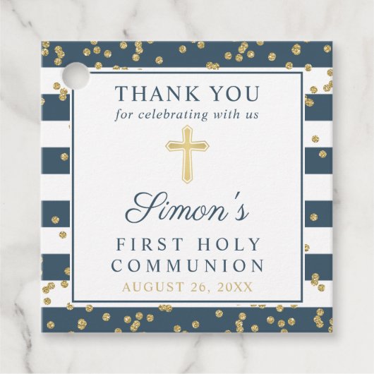 Étiquettes Cadeau Gold Navy Blue First Holy Communion Merci (Devant)