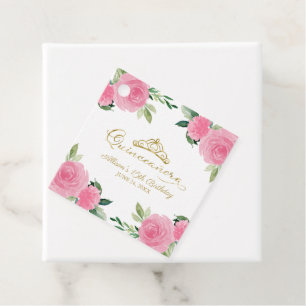 Étiquettes Cadeau Gold Tiara Hot rose Floral Quinceanera