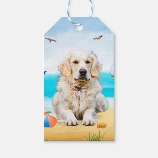 Étiquettes-cadeau Golden Retriever Dog sur la plage (Devant)