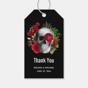 Étiquettes-cadeau Goth Crâne avec Merci de fleurs rouges